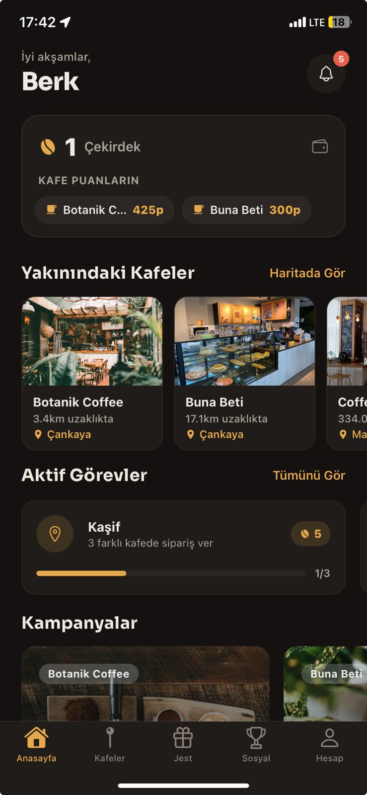 Kayfe uygulama ana ekranı